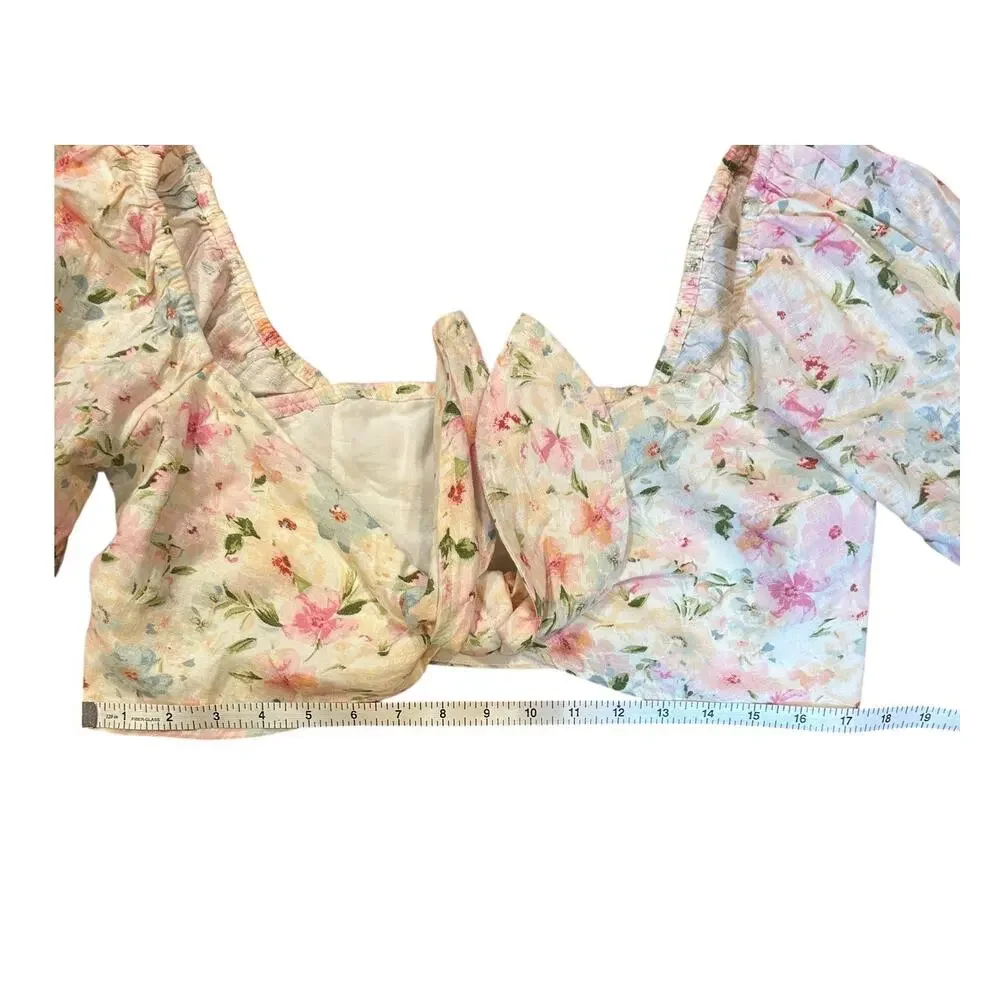 ABERCROMBIE & FITCH Women's MEDIUM Cropped Top Ditsy Floral Linen Puff Sleeve